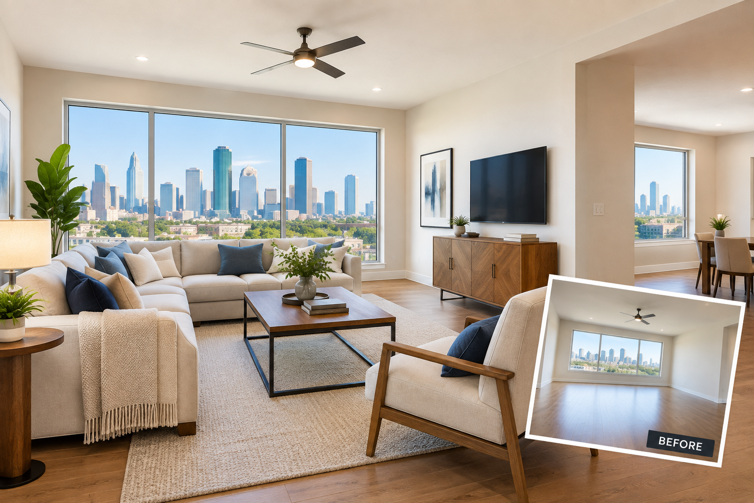 Before and after example showing how virtual staging can add context to an empty living space.